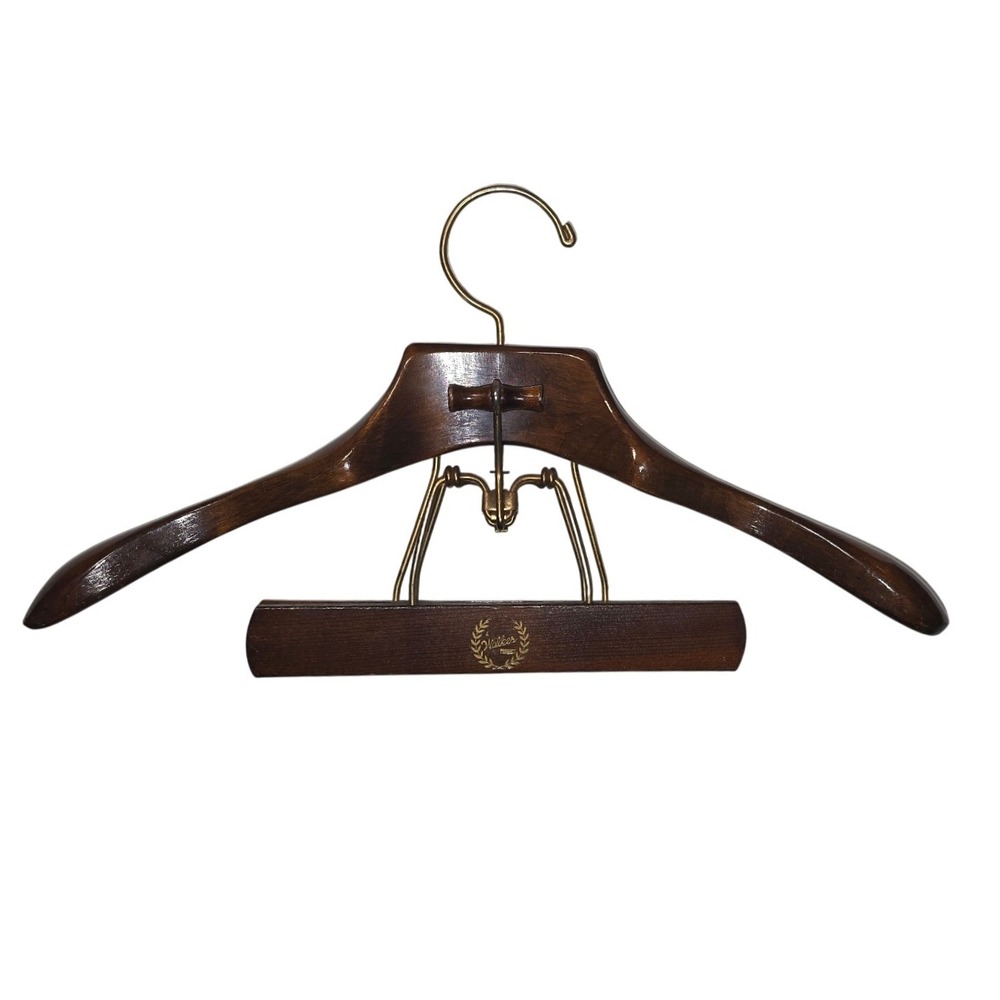 Vintage WALKER PRODUCTS SETWELL wood suit clothes hanger 14k plated made in‎ USA